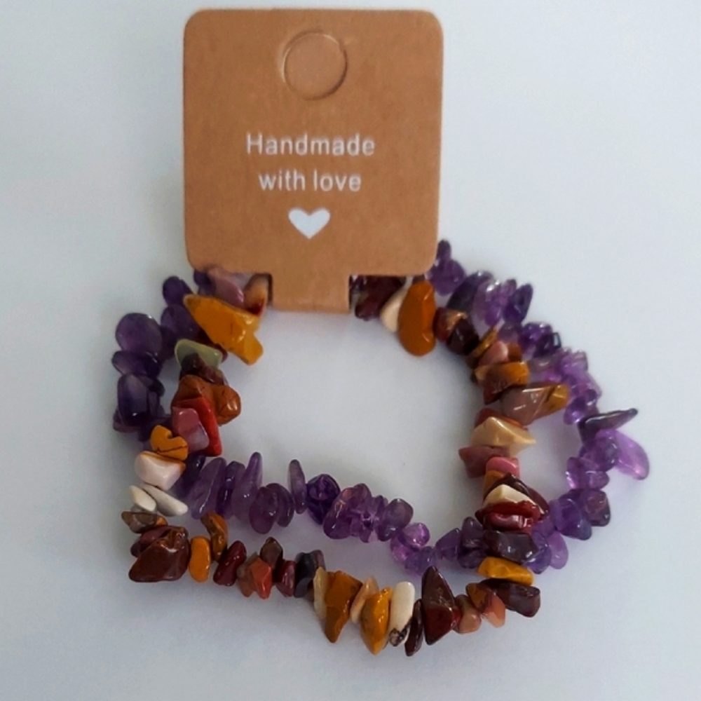 2pcs Natural Amethyst and Jasper Gemstones Chip BraceletSet